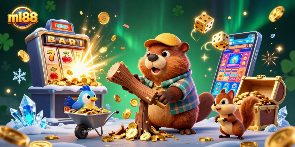 Engage with ml88 casino excitement as a beaver, bird, and squirrel collect gold coins amidst a vibrant, animated scene.
