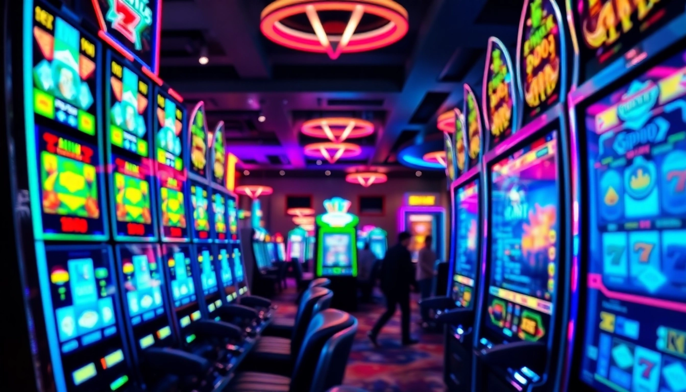 Slot mesin kasino berwarna-warni menarik perhatian di lingkungan permainan yang ramai.