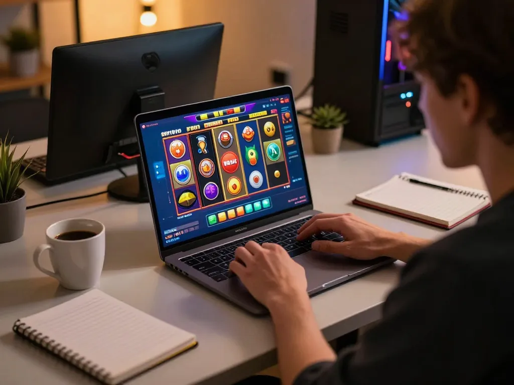 Berinteraksi dengan permainan slot toto yang mendebarkan di laptop dalam setup gaming di rumah yang nyaman.