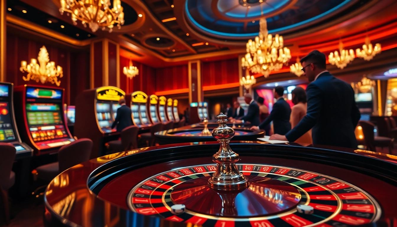 Players enjoying thrilling games at 789p casino, featuring elegant roulette and slot machines.