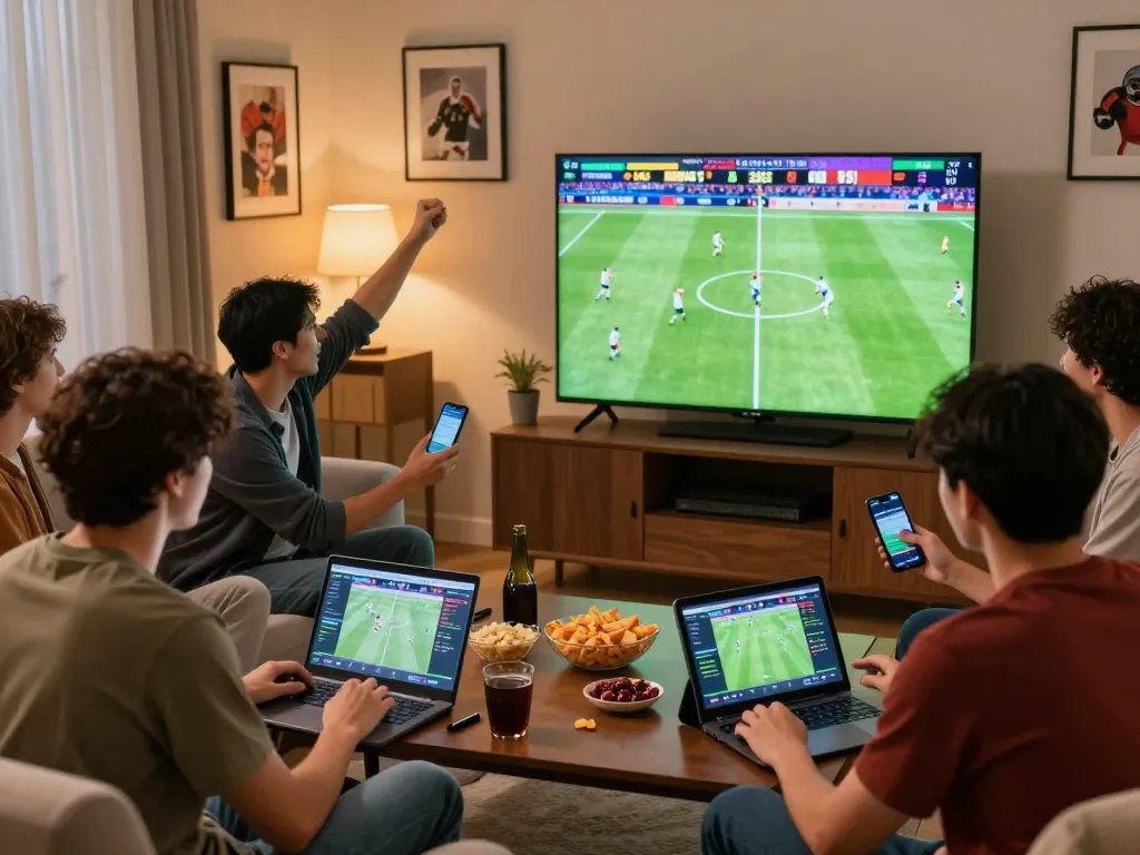 Group of friends enjoying a live match while checking kèo nhà cái on their devices, celebrating sports betting excitement.
