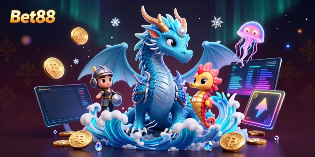 Engage with Bet88's vibrant gaming world featuring majestic characters and glowing crypto elements.