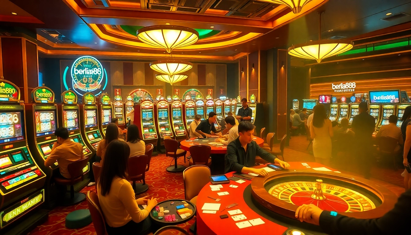 A gaming table bustling with excitement at berlian888, featuring vibrant slot machines and poker chips.