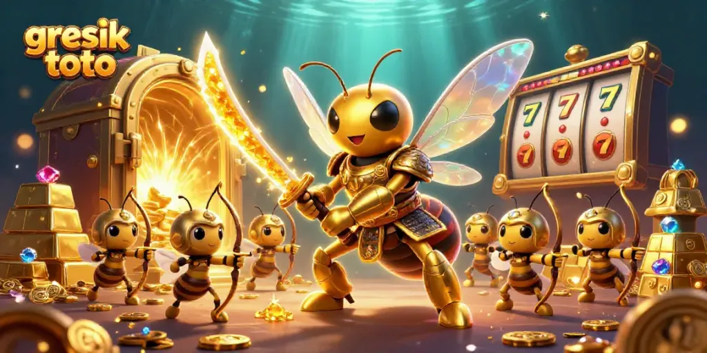 Experience the excitement of gresik toto with dynamic characters, slot reels, and treasures in a rich casino scene.