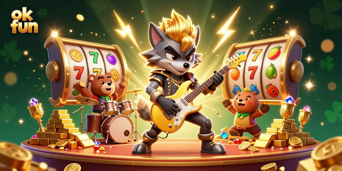Experience exciting gaming action with ok fun, featuring dynamic casino elements like slot reels and vibrant characters.