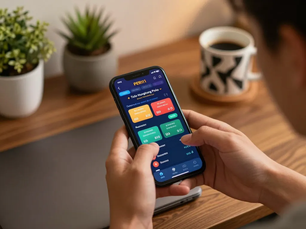 Engaging with the PERI11 mobile app for Toto Hongkong Pools betting in a cozy home setting while planning strategies