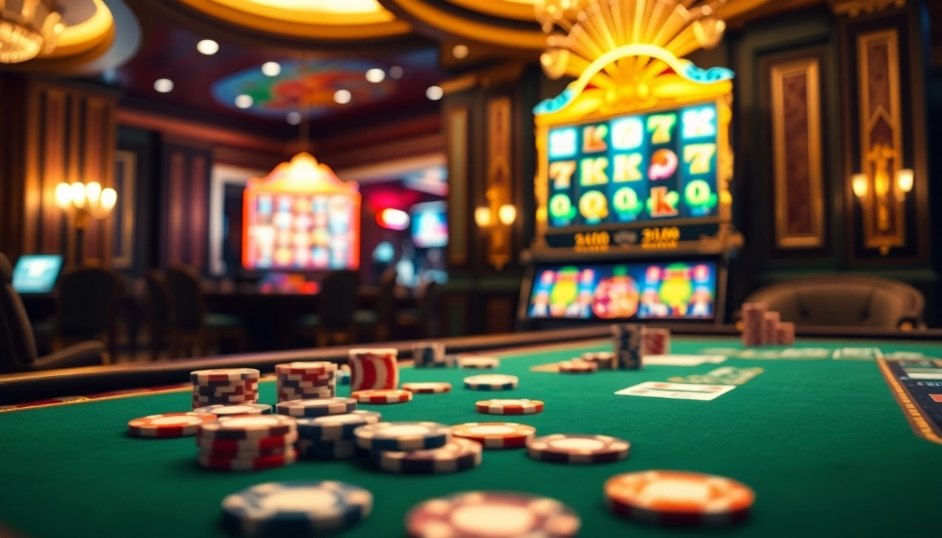 Experience thrilling gameplay with Valbet at a luxurious online casino, featuring vibrant slot machines and poker tables.
