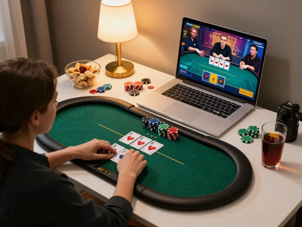 Rasakan aksi poker langsung HOKI368 di rumah dengan pemain, chip, dan kartu yang terlihat.