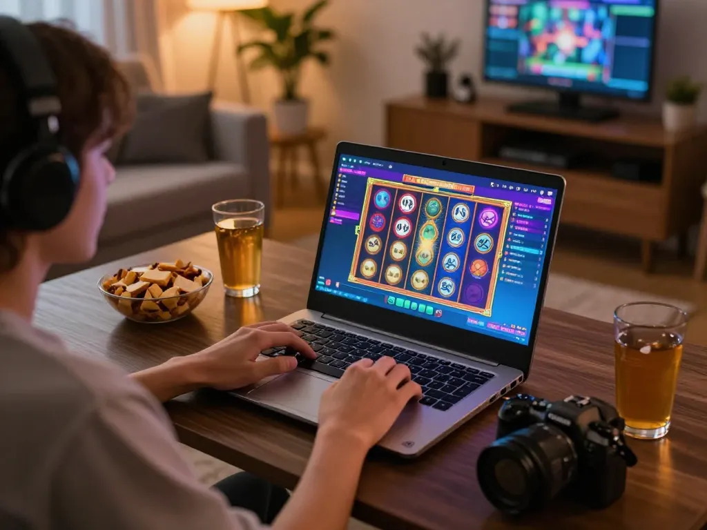 Engaging moment of a player enjoying qqmobil gaming on a laptop in a cozy home office environment