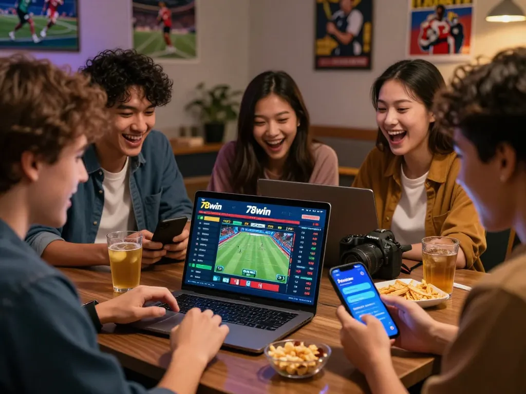 Friends enjoying sports betting at 78win with laptops and mobile devices, creating a lively gaming atmosphere.