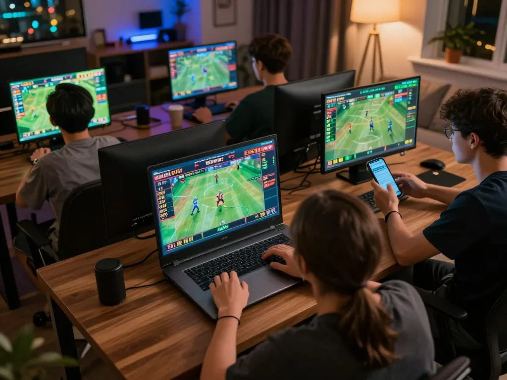 MPO08 users engaging in thrilling online sports betting from home, placing strategic bets on multiple devices.