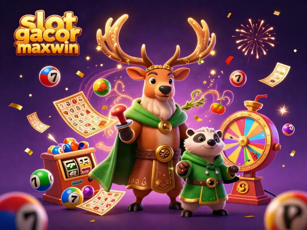 Experience the thrill of slot gacor maxwin with vibrant characters amidst dazzling casino elements in this 3D digital illustration.