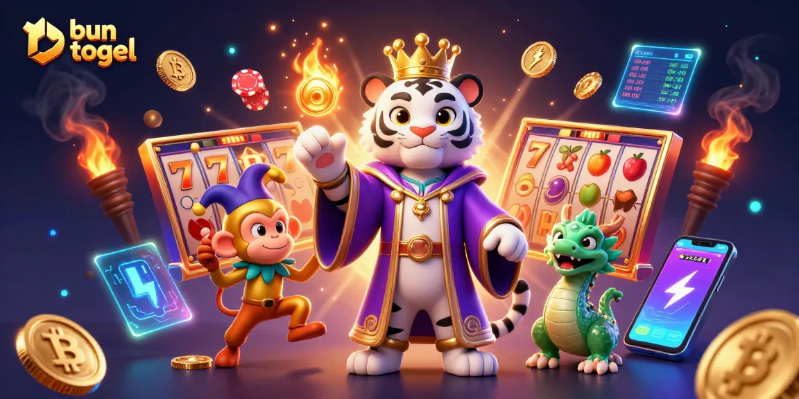 Engage with bun togel in an animated scene showcasing winning with slot reels and playful characters.
