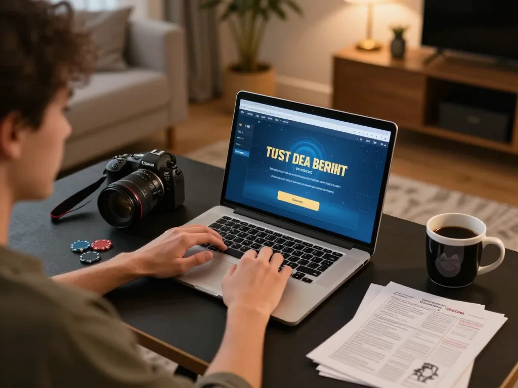 tt88 player engaged in online poker at home setup with strategic notes and warm lighting