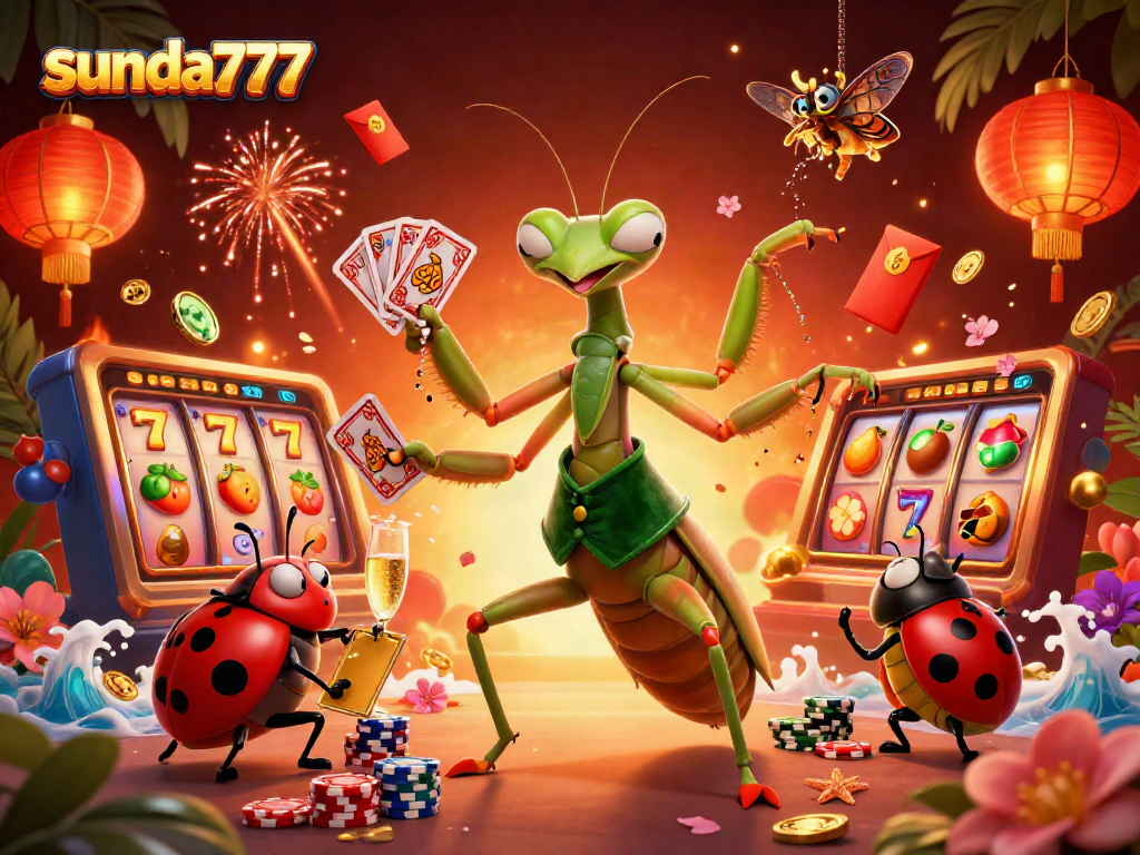 Giant mantis dan ladybug pit boss beraksi di sunda777 dengan slot reels berkilau.