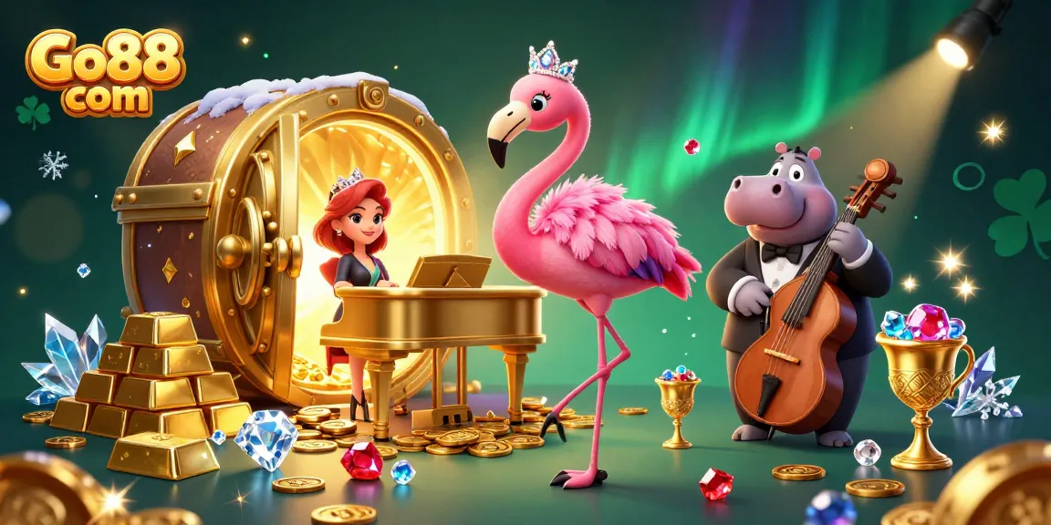 Experience the thrill of gaming with Go88 com in this vibrant casino illustration featuring engaging characters and stunning treasures.