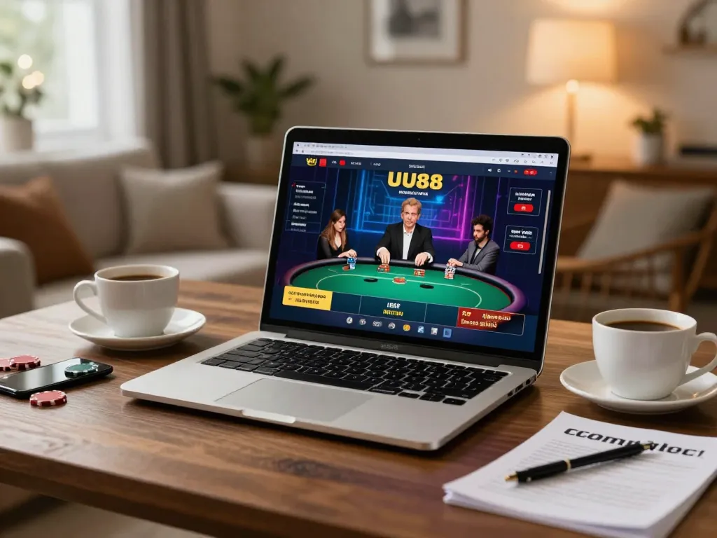 UU88 online poker gameplay featuring modern laptop setup and cozy ambiance