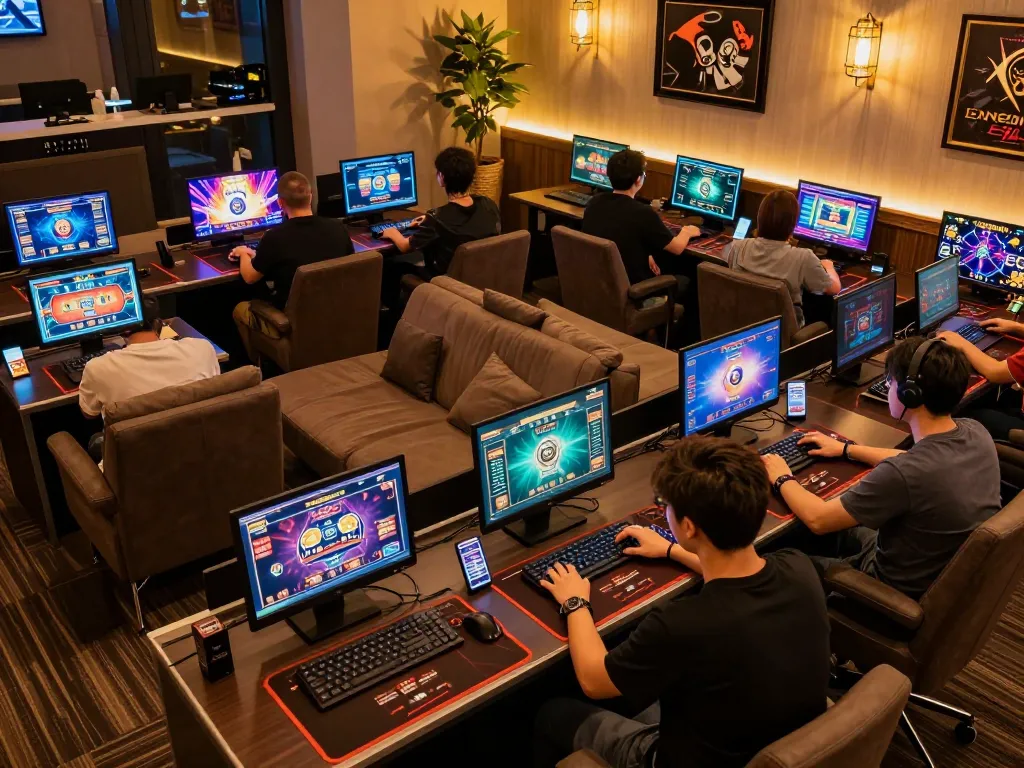 Players enjoying SC88 online casino games with laptops and mobile devices in a vibrant gaming room.
