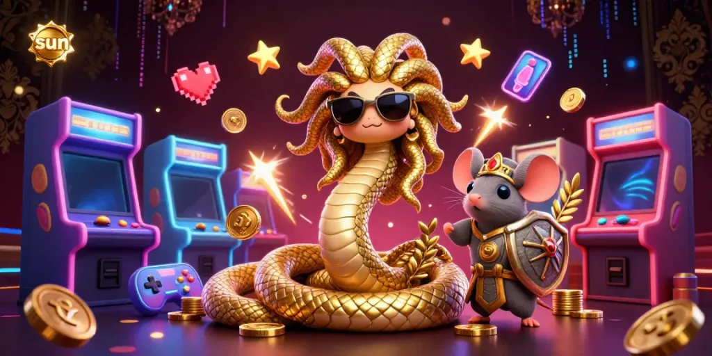 Experience the excitement of sun-themed slot machines and arcade games in this vibrant casino scene.