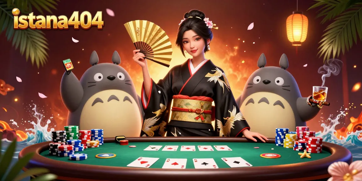 Engage in exciting gaming action at istana404 with a captivating 3D illustration of poker fun and festive elements.