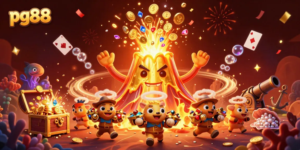 Feel the thrill of pg88 as golden volcano erupts with coins, treasures, and vibrant casino elements.