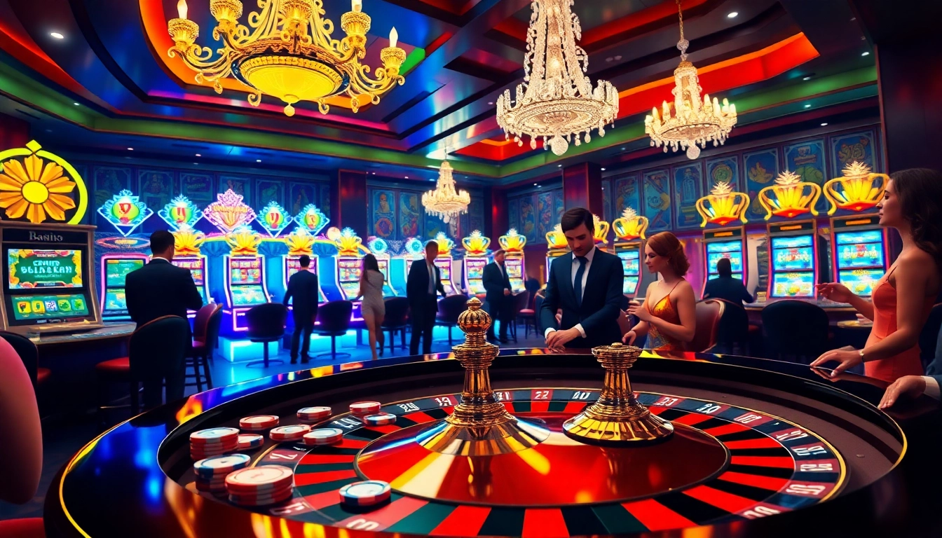 Players engaging with a roulette table in a vibrant casino atmosphere at https://x88ni.com/ showcasing luxury and excitement.