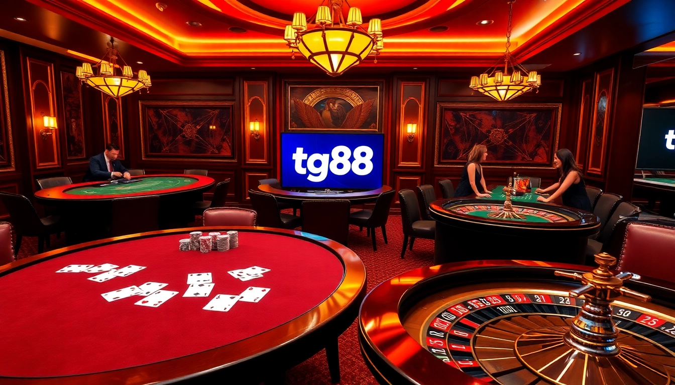 Engage with tg88's luxurious online casino experience featuring poker, roulette, and vibrant tables.