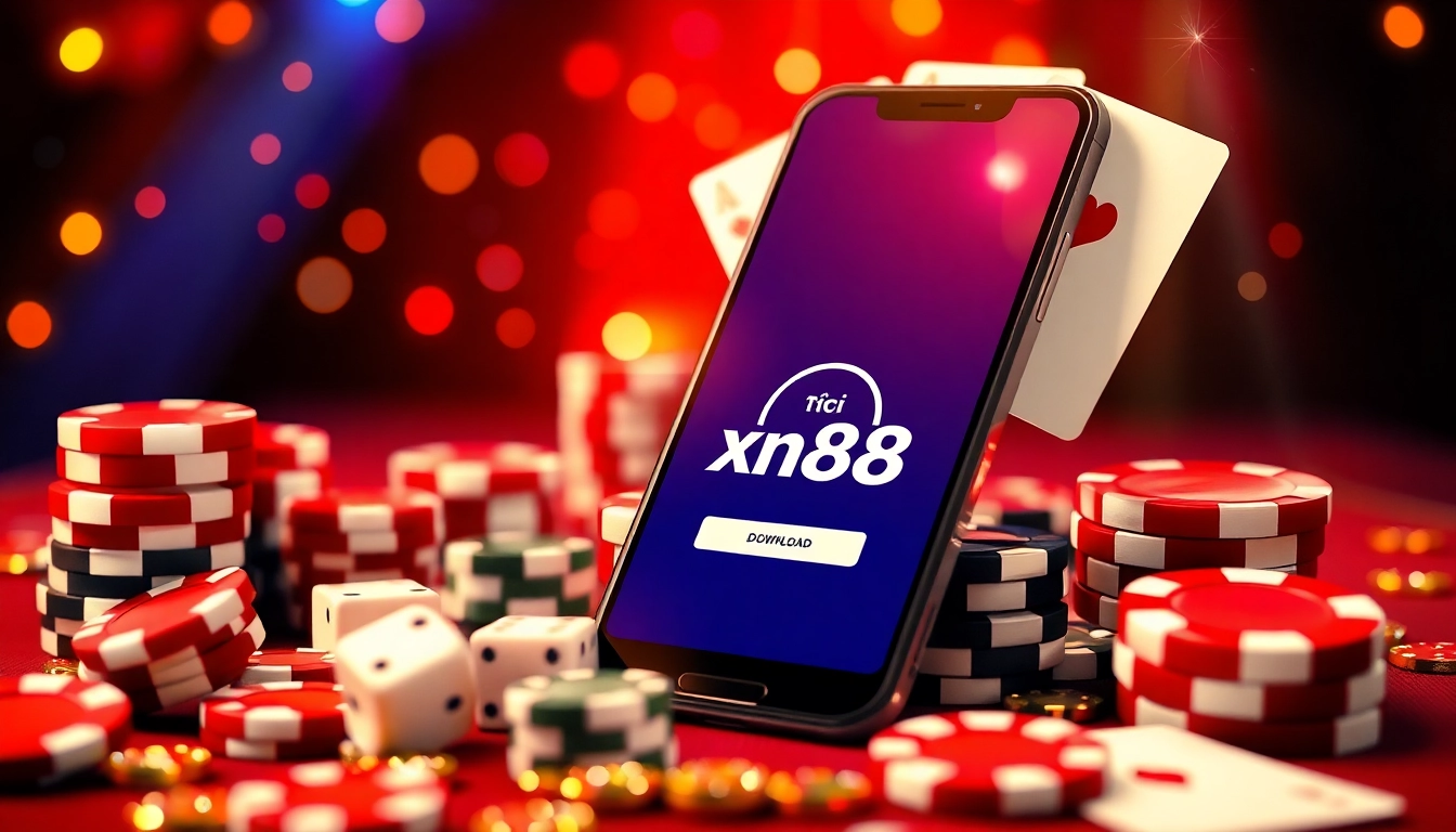 Download the tải app xn88 on a smartphone surrounded by poker chips and cards, showcasing a vibrant casino atmosphere.
