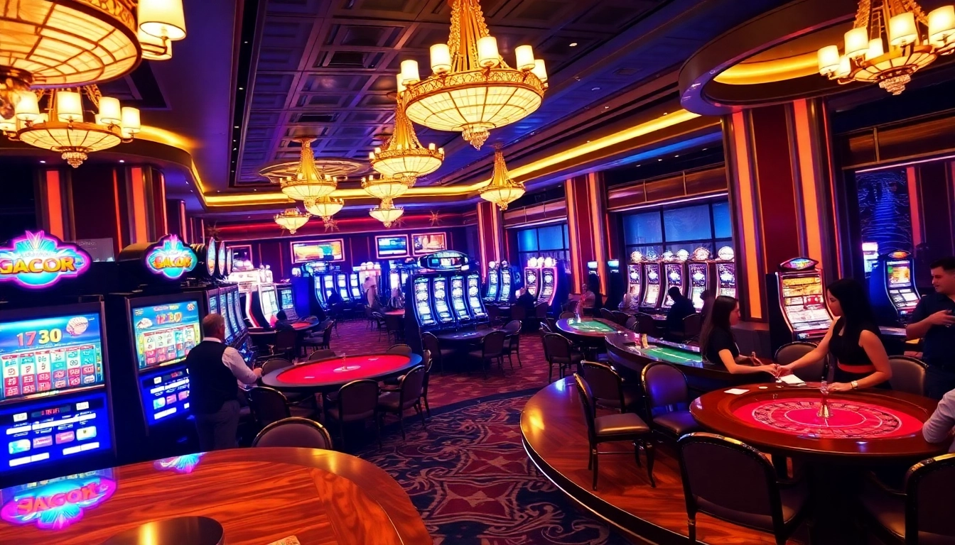 Pemain menikmati mesin Slot Gacor dalam suasana kasino yang hidup penuh semangat.