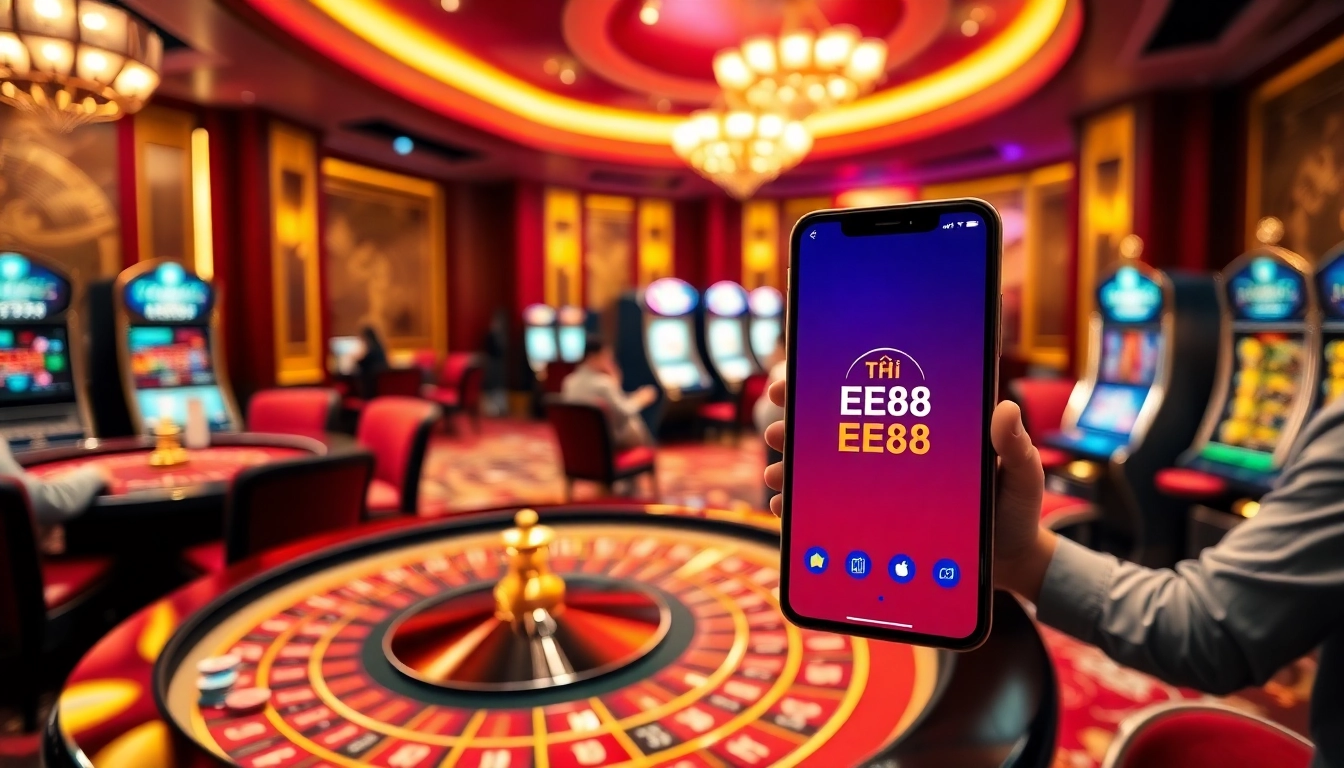 Experience high-stakes gaming with tải app ee88 displayed on a smartphone amid a luxurious casino setting.