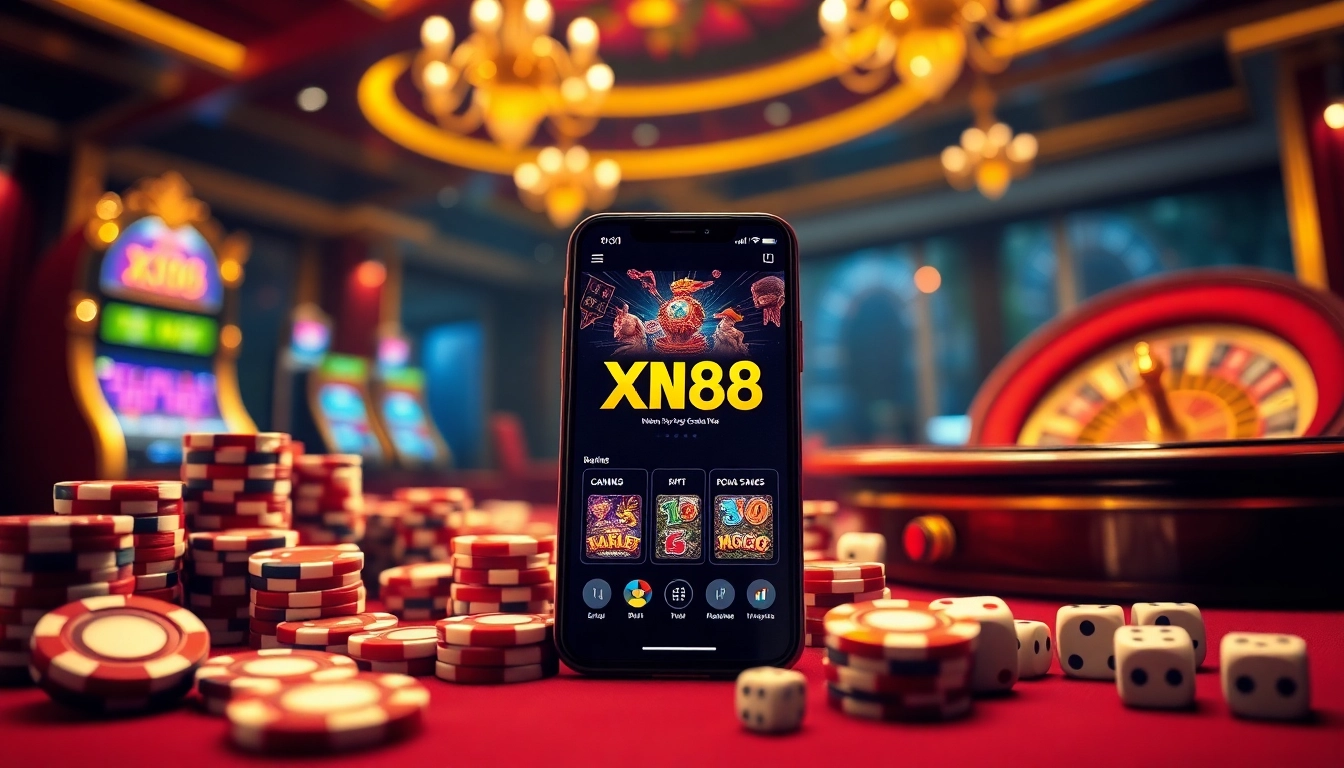 Experience the excitement of tải app xn88 with a sleek smartphone in a vibrant casino setting.