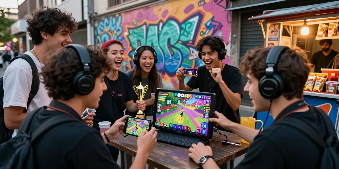 Suasana perayaan kemenangan tim di platform game BOS88 dengan teman-teman di jalan yang ramai.